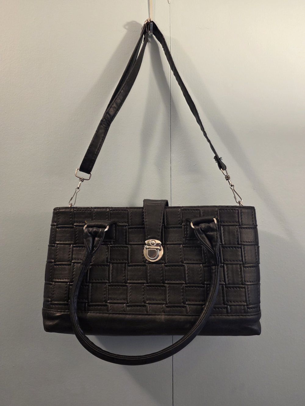 Black Quilted Shoulder Satchel Bag with Top Clasp